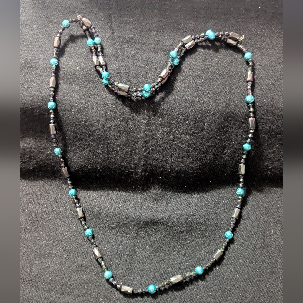 Black Magnetic Hematite Gemstone Blue Rose Beaded Statement Necklace Bracelet